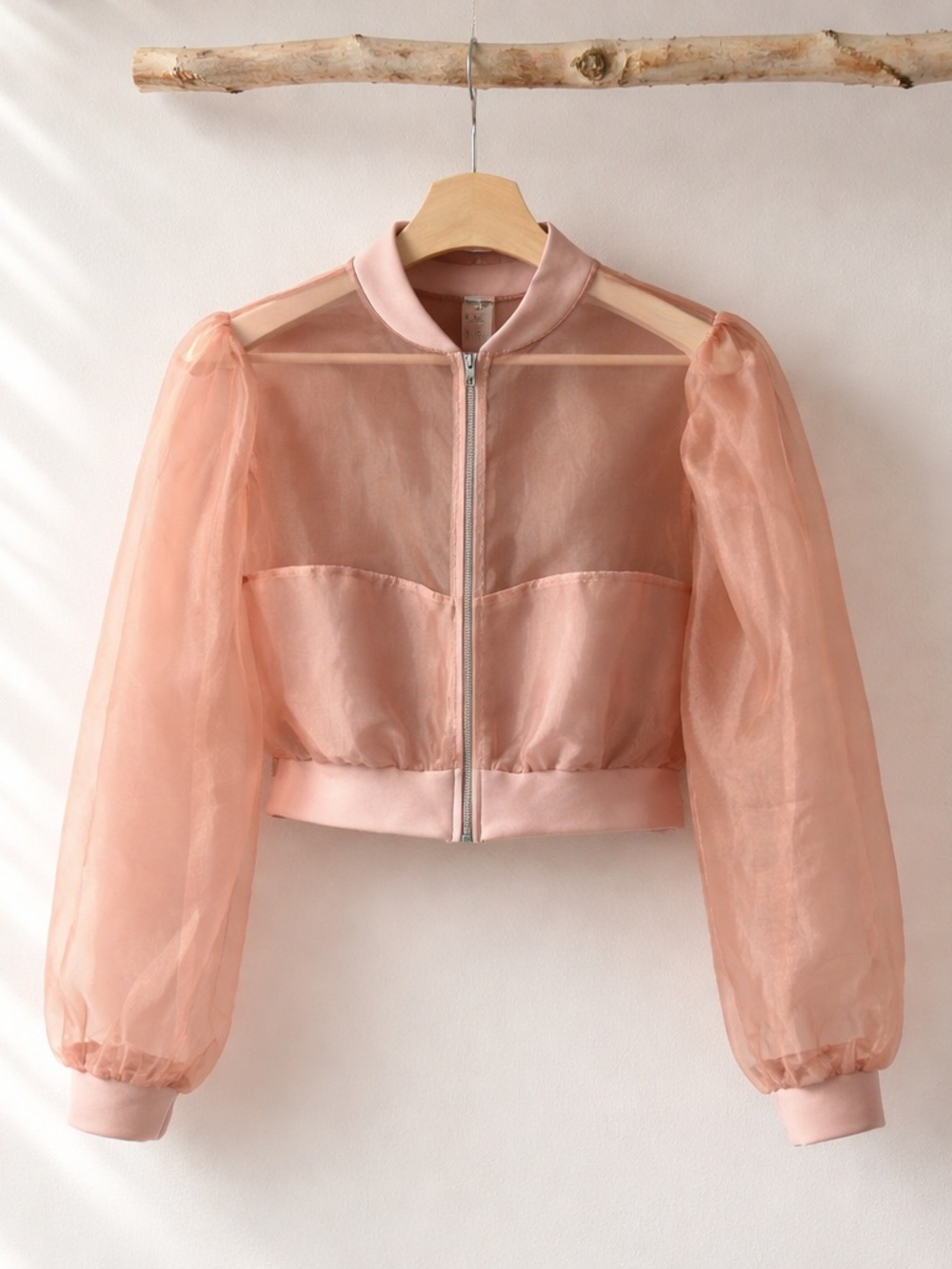 OU Organza Sheer Cropped Bomber Jacket Zip-Up Front and Long Puff Sleeves.Size M